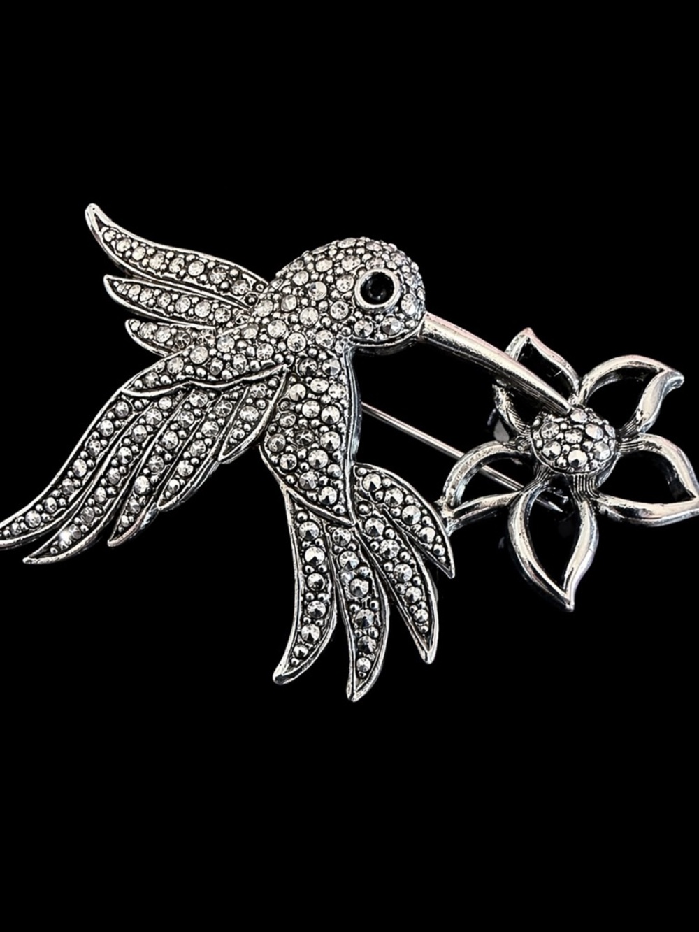 Avon Vintage Silver Crystal Hummingbird Brooch with Flower